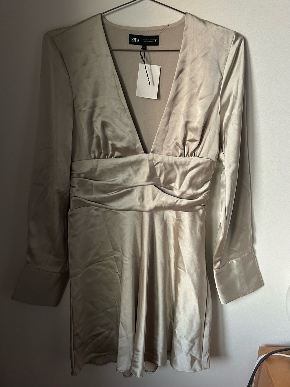 Zara Satin V-Neck Long Sleeve Mini Dress in Light Champagne